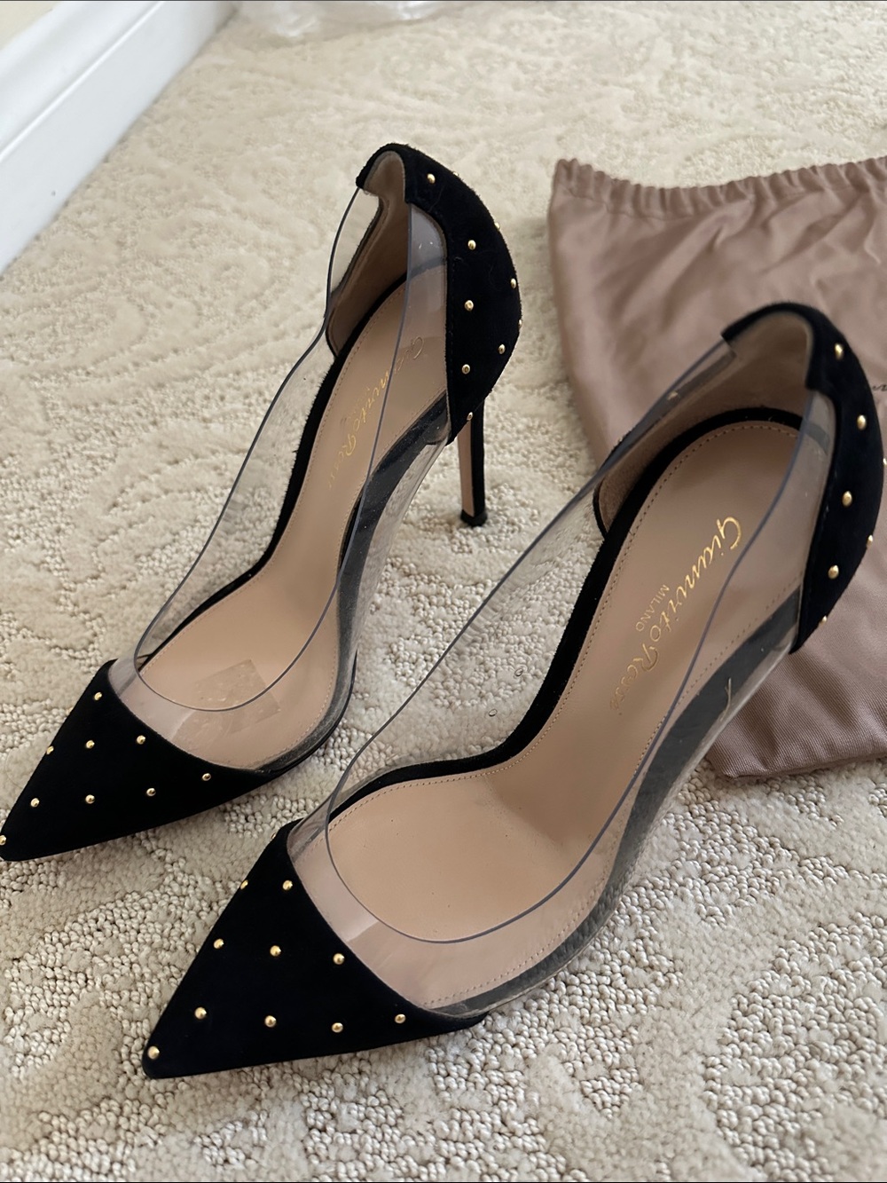 Gianvito Rossi Plexi Black Suede & Clear Studded Pointed-Toe Pumps Size 35